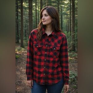 Vest Button down shirt Red and Black Plaid Flannel size large